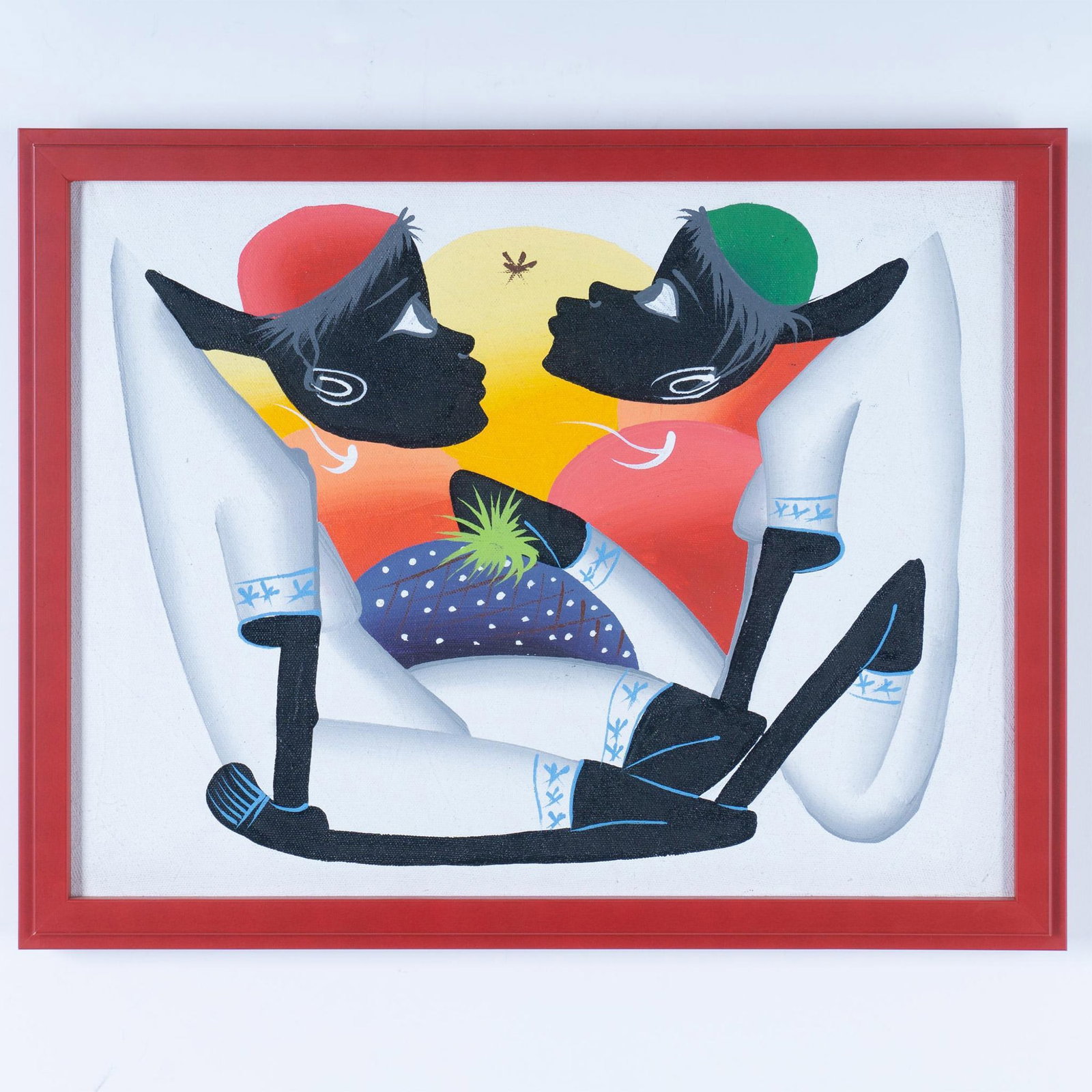 Original Acrylic on Canvas Haitian Art: Features vibrant colors with stylized female characters and gradient background figures, housed in a red frame. Sight size: 15.5''L x 11.75''H. Frame size: 17.25''L x 1.25''W x 13.5''H. Issued: 20th c