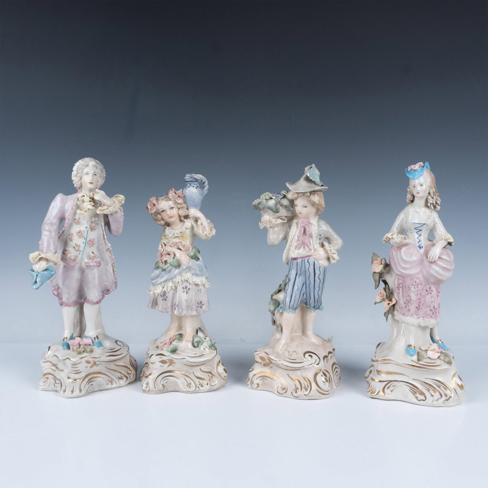 4pc Vintage Cordey Porcelain Figurines: Hand painted porcelain group of diverse figures capturing traditional Italian life, featuring a man in elegant attire, a graceful girl with a water jug, a boy holding a basket of flowers, and a lady i