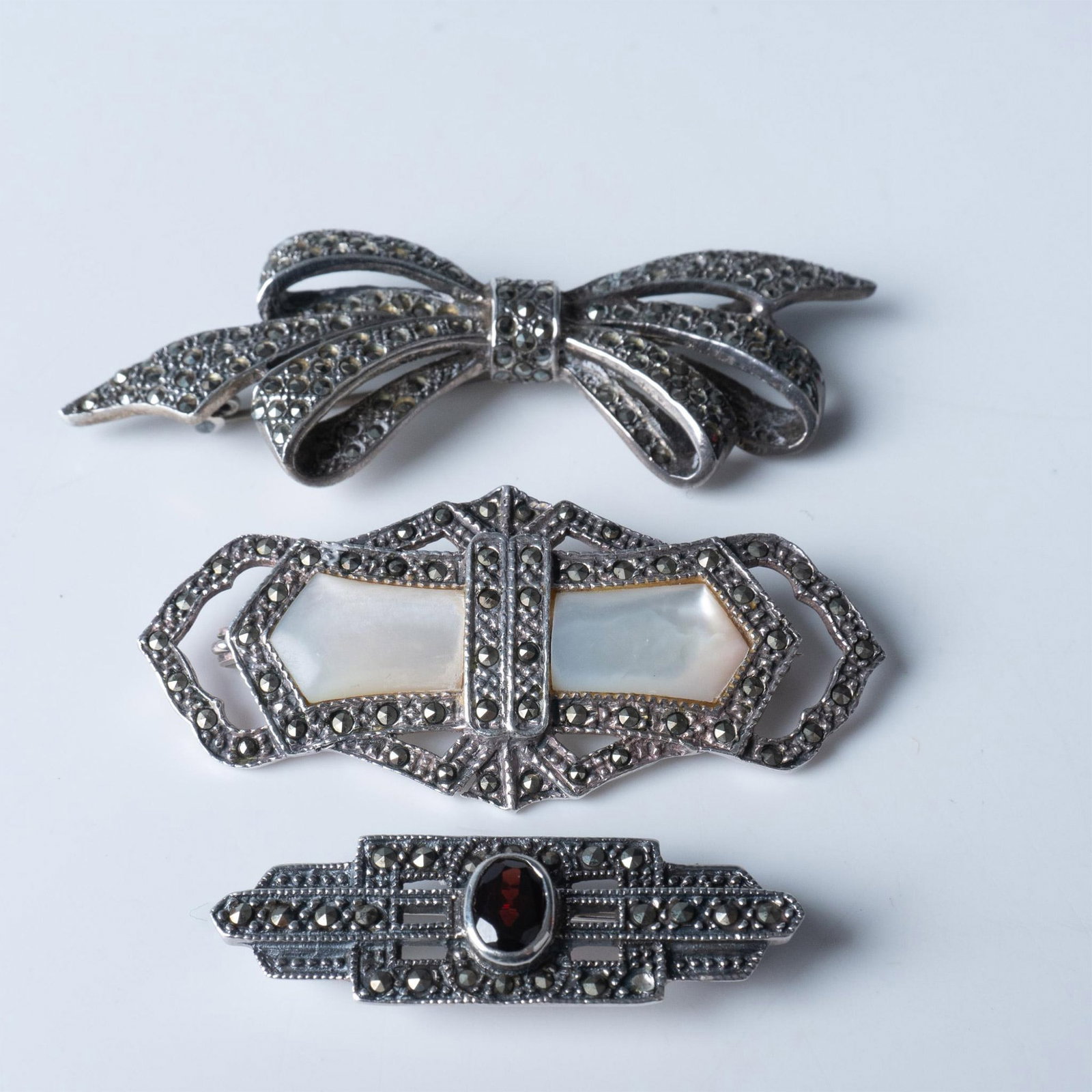 3pc Sterling Silver and Marcasite Pin Brooches (1 of 2)