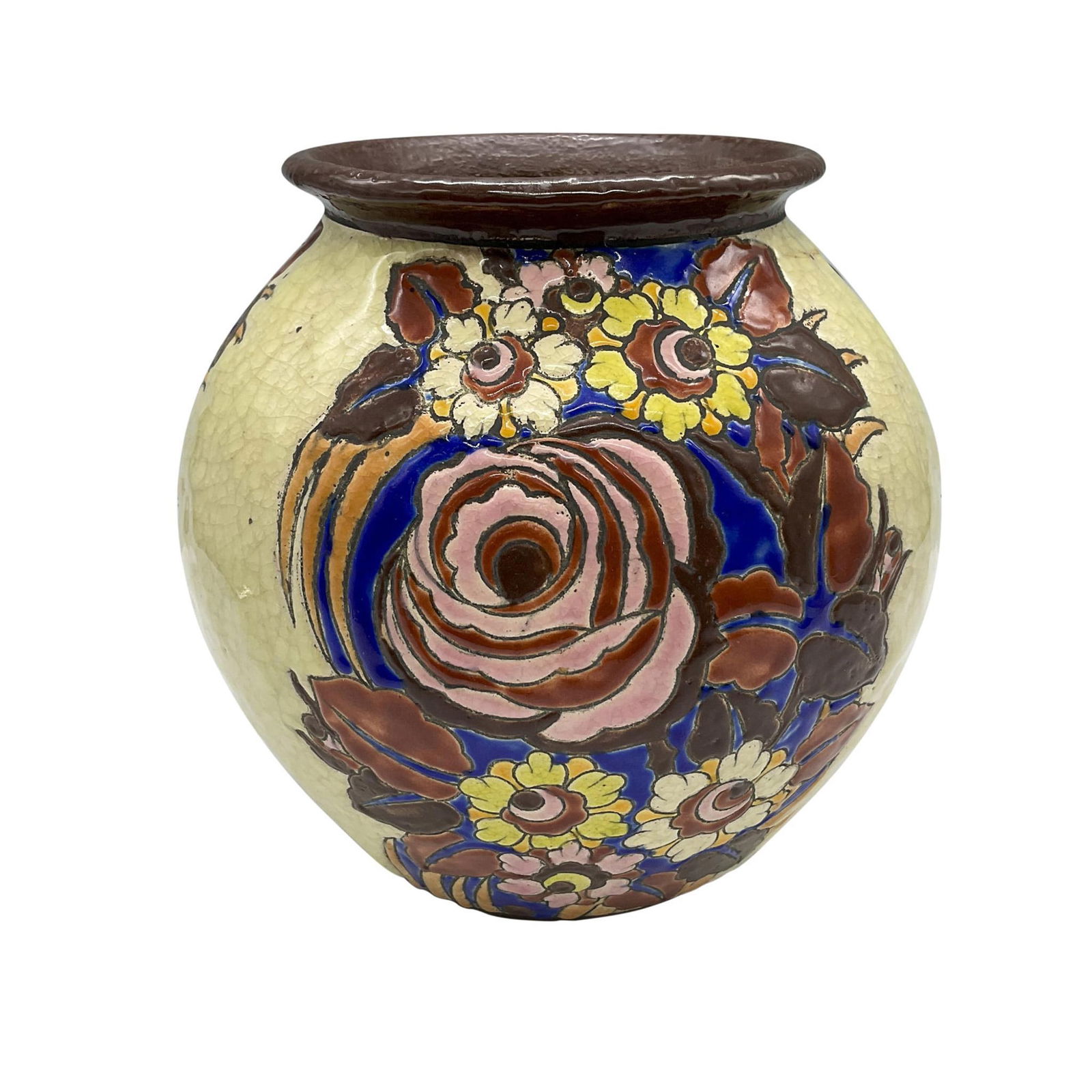 Boch Keramis by Charles Catteau Ceramic Floral Vase, D. 2813: A small pot-shaped vase with a pale-yellow craquelure ground and brown rim. Features three hand painted floral segments in brown, pink, yellow, blue, and orange colors. Boch La Louviere Made in Belgiu