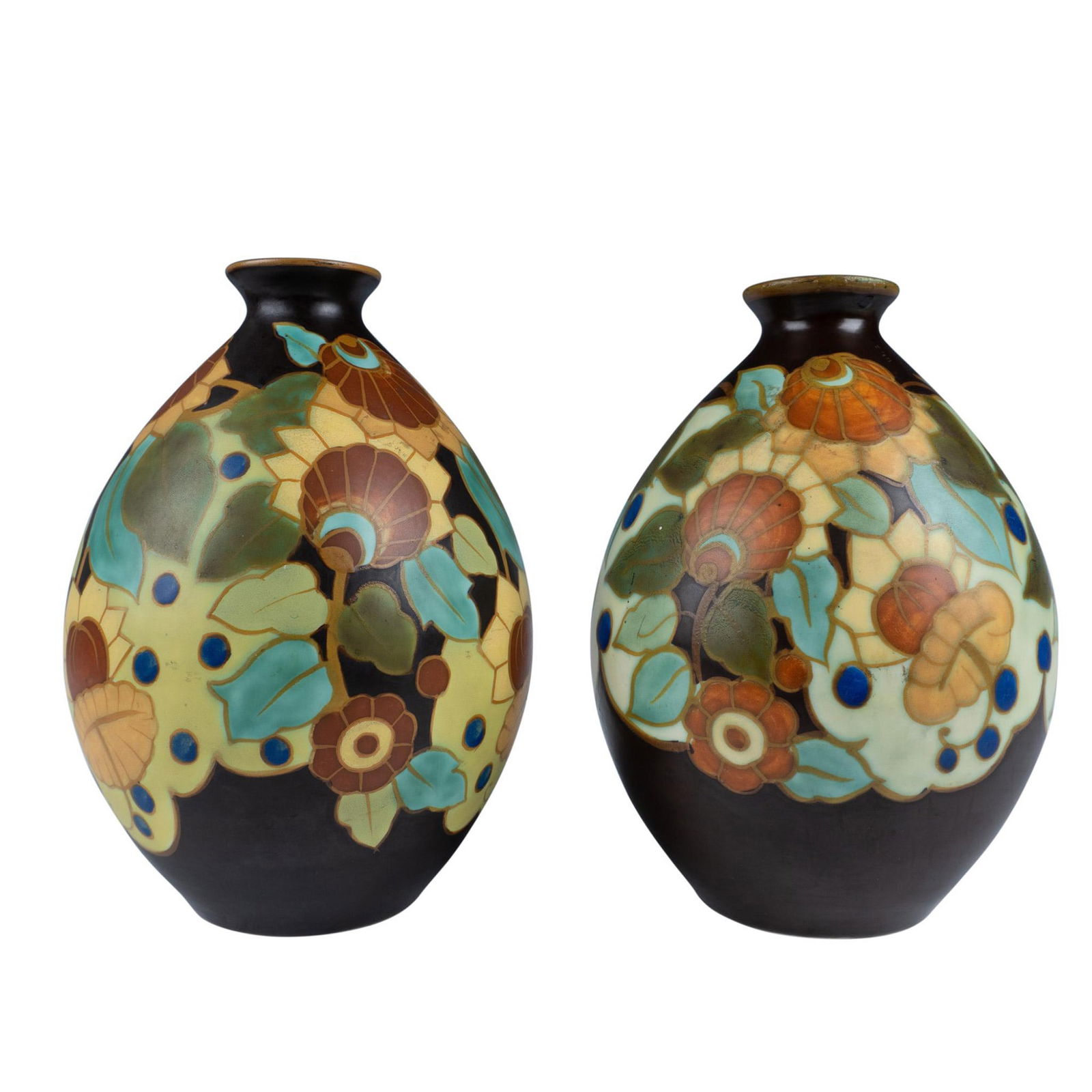 Pair of Boch Keramis by Charles Catteau Floral Vases, D.1845: A set of 2 small ovoid-shaped, hand painted ceramic vase. Beautifully decorated in a polychrome floral patter over a dark-brown background. Keramis wolf, Made In Belgium backstamps. Marked with D. 184