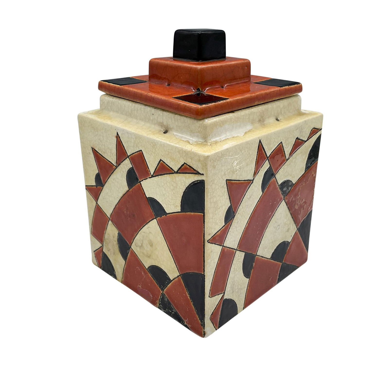 Boch Keramis by Charles Catteau Ceramic Abstract Covered Pot: A square cream-colored craquelure box with original lid. Hand painted geometric abstract design colored in dark-orange and black. Keramis Made In Belgium backstamp. Impress mark: 1067. Artist: Charles