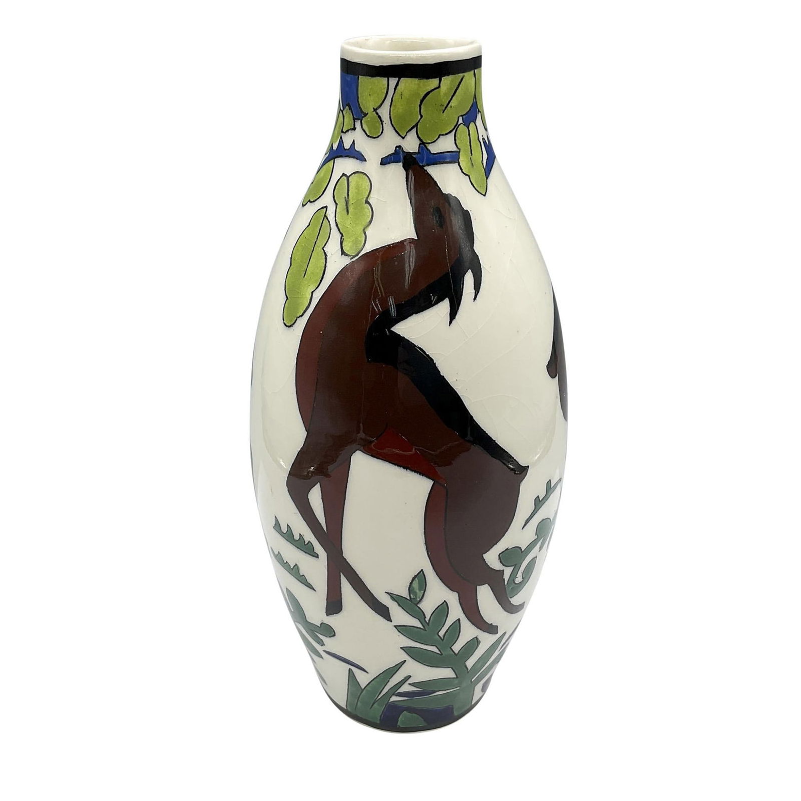 Boch Keramis by Charles Catteau Ceramic Deer Vase, D.1434: In a slender ovoid shape glazed table vase. Depicts a hand painted scene of three deer surrounded by foliage. Keramis Made In Belgium backstamp. Marked with D.1434 and 897. Artist: Charles Catteau Iss