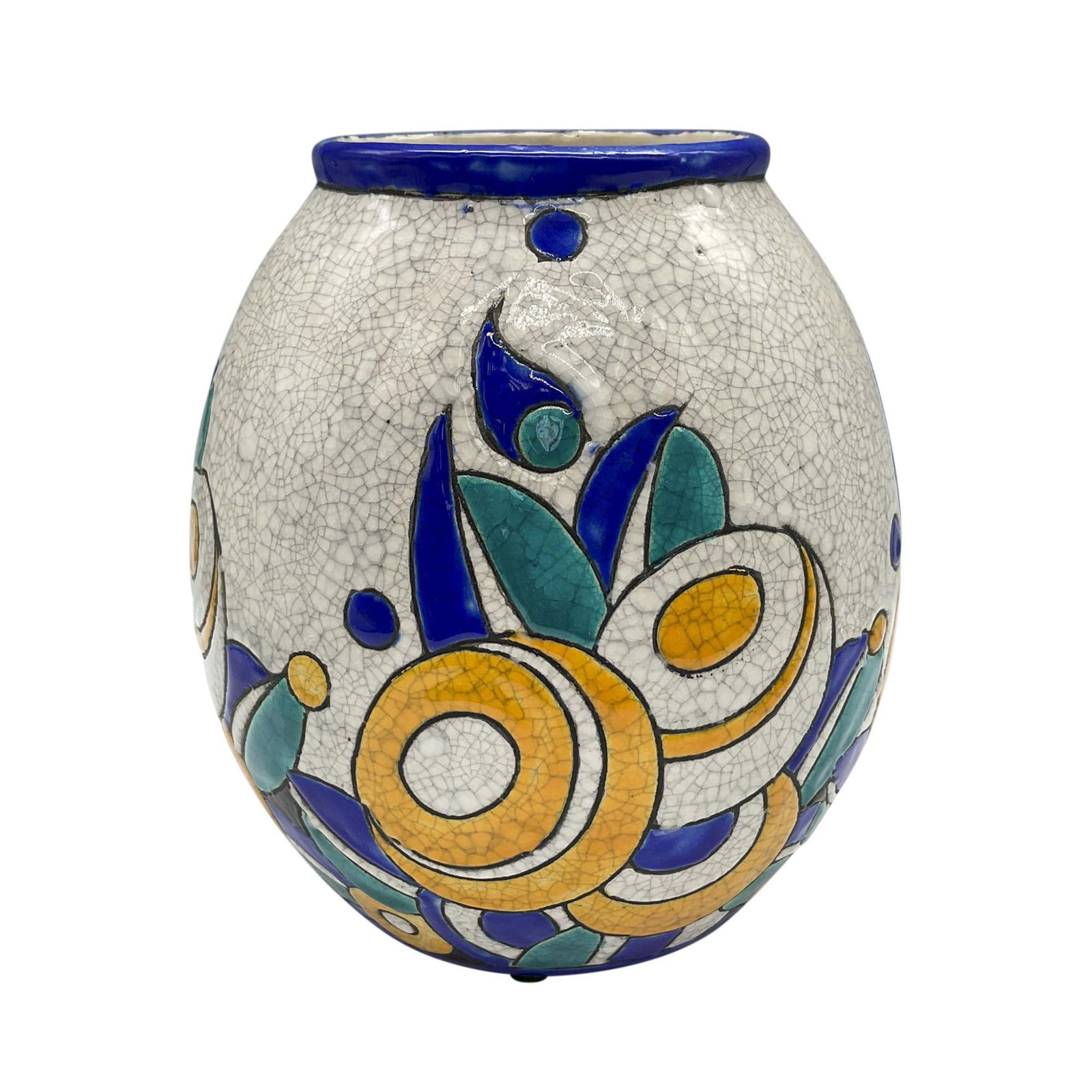 Boch Keramis by Charles Catteau Ceramic Floral Vase, D. 1175: A small, white craquelure glazed, round-shaped vase decorated in with hand painted yellow and white flowers accented with blue and green leaves. Boch La Louviere Made in Belgium Fabrication Belge back