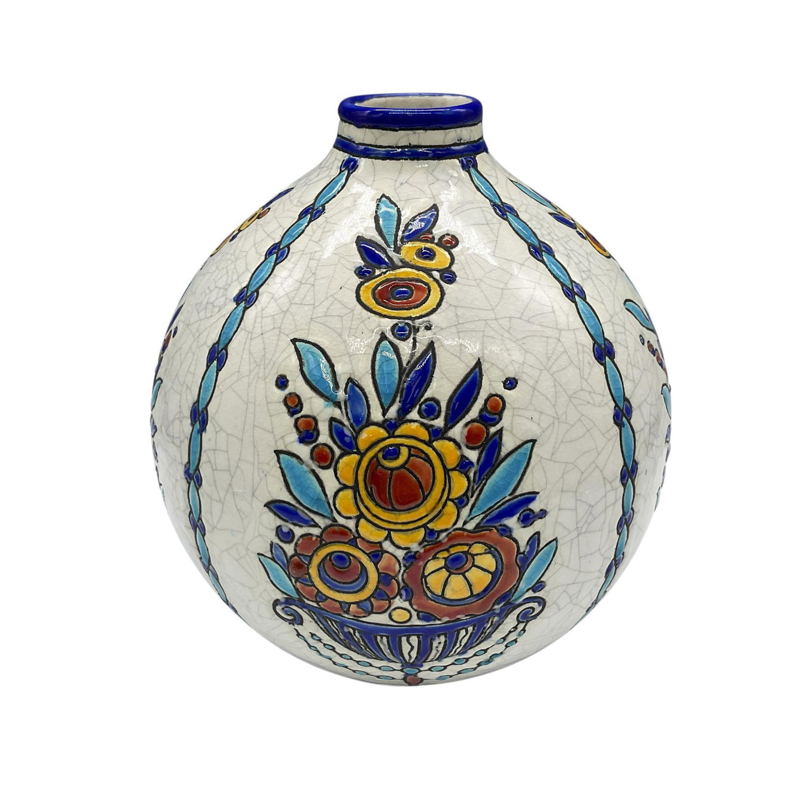 Boch Keramis by Charles Catteau Ceramic Floral Vase, D. 944: A small, white craquelure, egg-shaped vase decorated with four segments featuring a whimsical hand painted floral design. Painted in shades of blue, yellow, and dark-orange colors. Boch La Louviere Ma