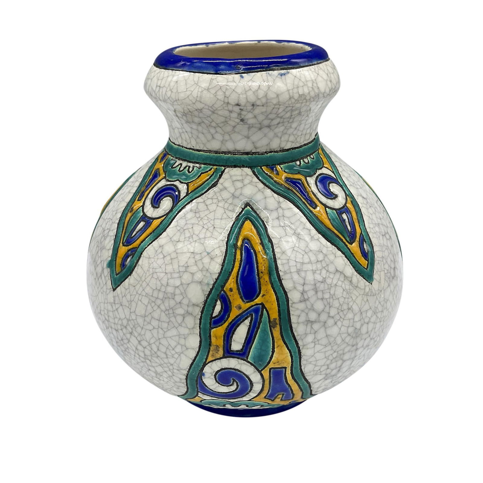Boch Keramis by Charles Catteau Foliate Vase, D. 1101: A small ceramic craquelure white gourd-shaped vase. Beautiful decorated with hand painted stylized leaf-motif. Blue, yellow, and green colorations. Boch La Louviere Made in Belgium Fabrication Belge b