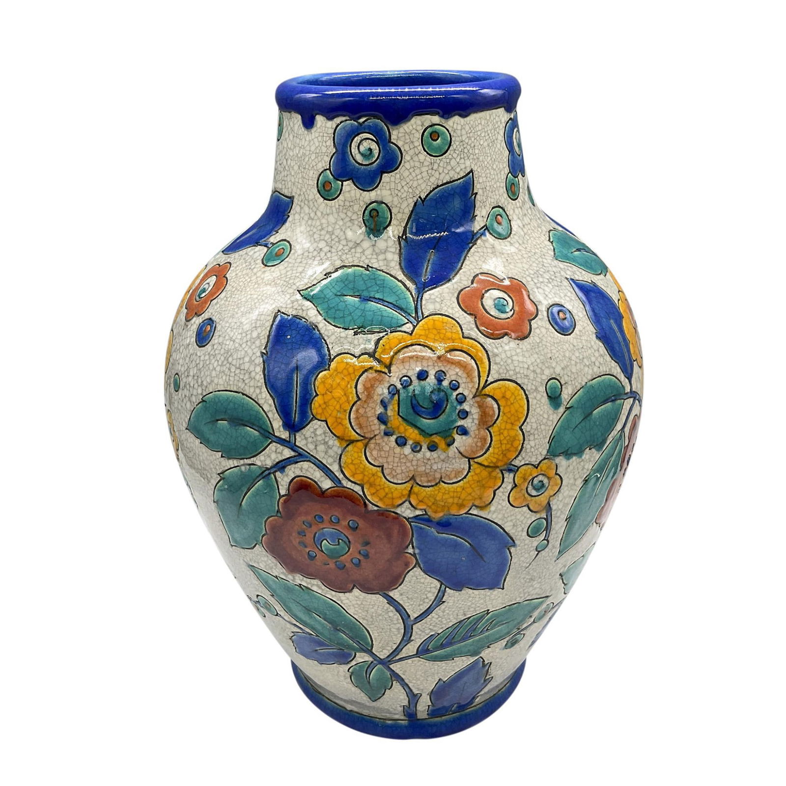 Boch Keramis by Charles Catteau Ceramic Floral Vase, D. 2516: A craquelure gazed vase adorned with hand painted yellow and dark-orange flowers, accented with green and blue leaves. Keramis Made In Belgium backstamp. Marked with D. 2516. Artist: Charles Catteau I