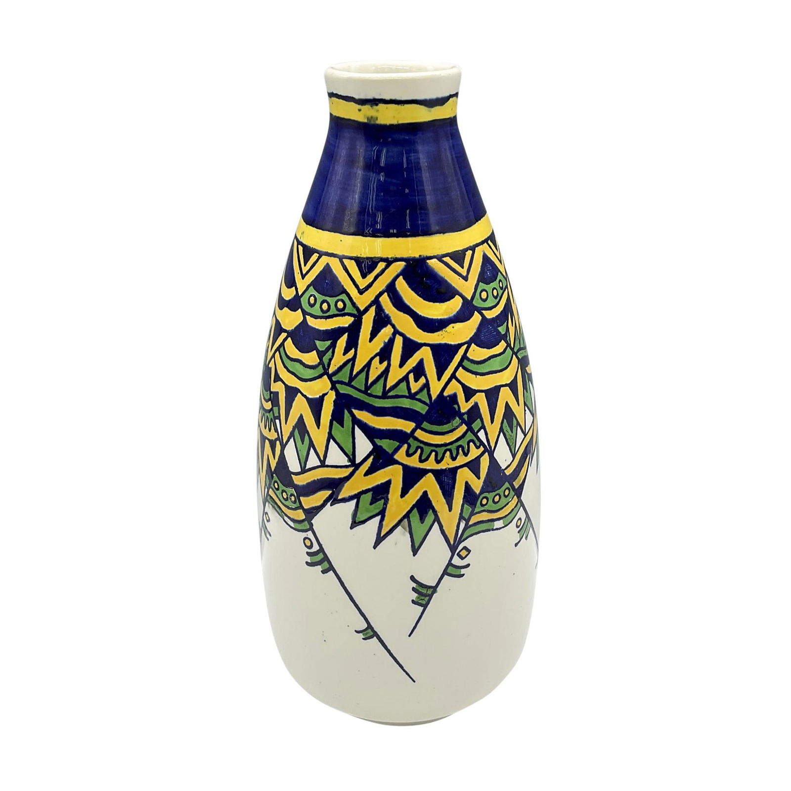 Boch Keramis by Charles Catteau Ceramic Vase, D. 1046: A white bottle-shaped vase featuring a hand painted geometric abstract design in blue, green, and yellow colors. Boch La Louviere Made in Belgium Fabrication Belge backstamp. Marked with D. 1046 and 8