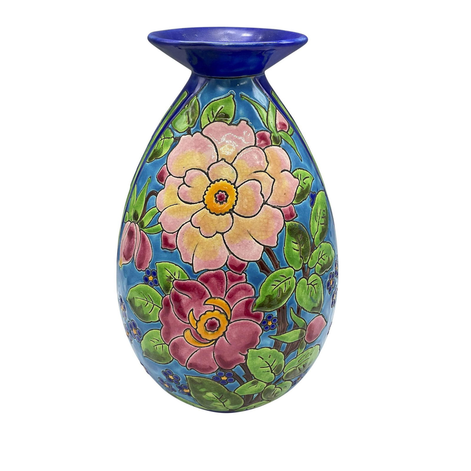 Boch Keramis by Charles Catteau Ceramic Floral Vase, D.1759: In an ovoid-shaped vase with a flared rim. Beautifully hand painted pink and blue flowers accented with bright green foliage and blue background. Keramis Made In Belgium backstamp. Marked with D.1759