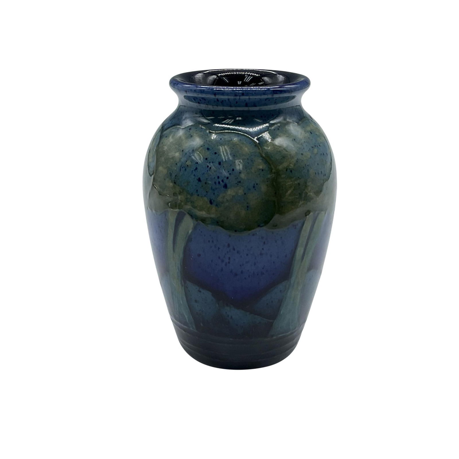 William Moorcroft Pottery Vase, Moonlit Blue: A small vase featuring a hand painted landscape of a forest at night. Moorcroft impressed stamp. Artist: William Moorcroft Issued: 20th century Dimensions: 2.5"W x 3.5"H Manufacturer: Moorcroft Count