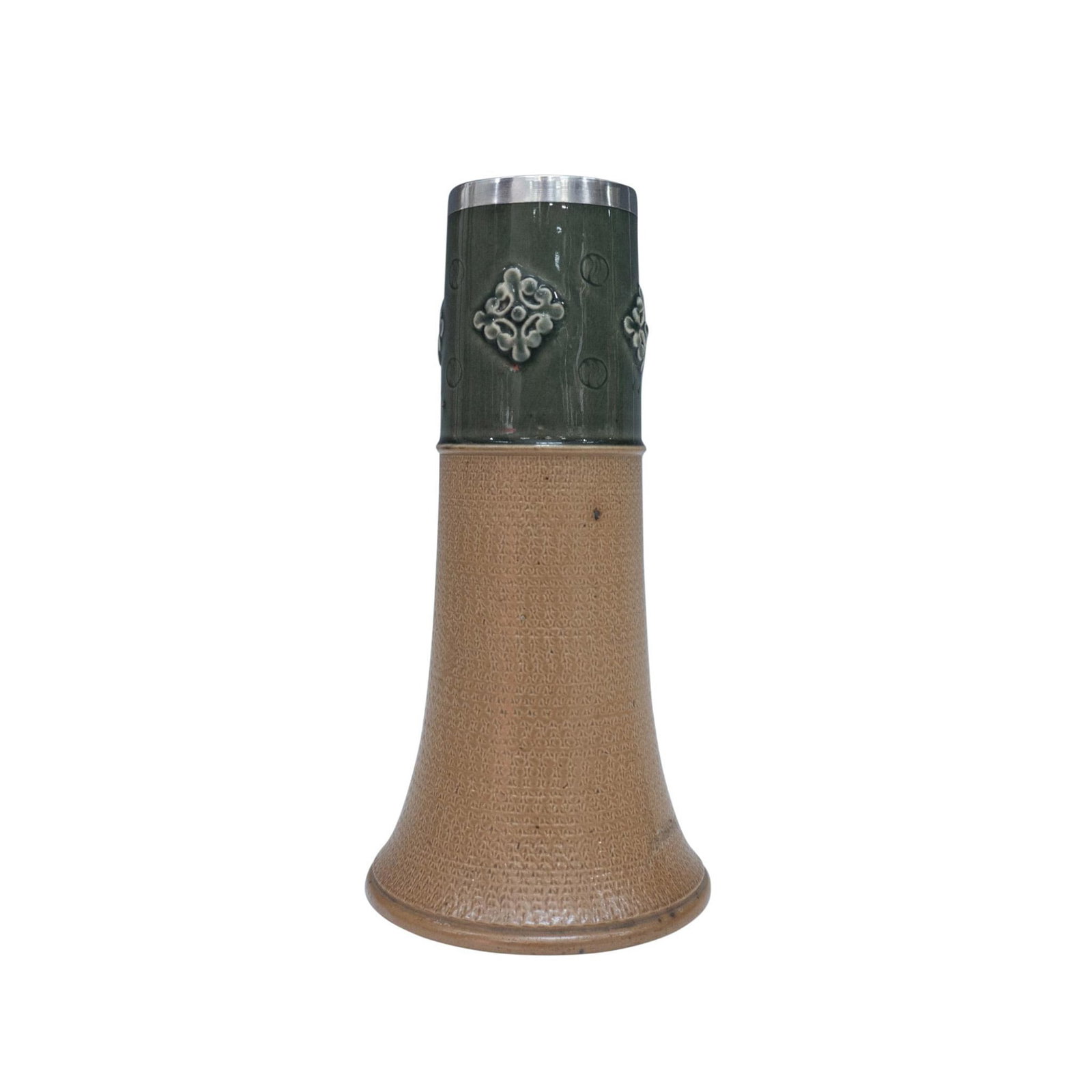 Royal Doulton Stoneware Vase, Geometric Medallion Silver Rim: This stoneware vase has a green glazed band on top adorned with geometric medallions and impressed button designs. The rest of the body has a textured finish and is cylindrical with a flared foot. Ste