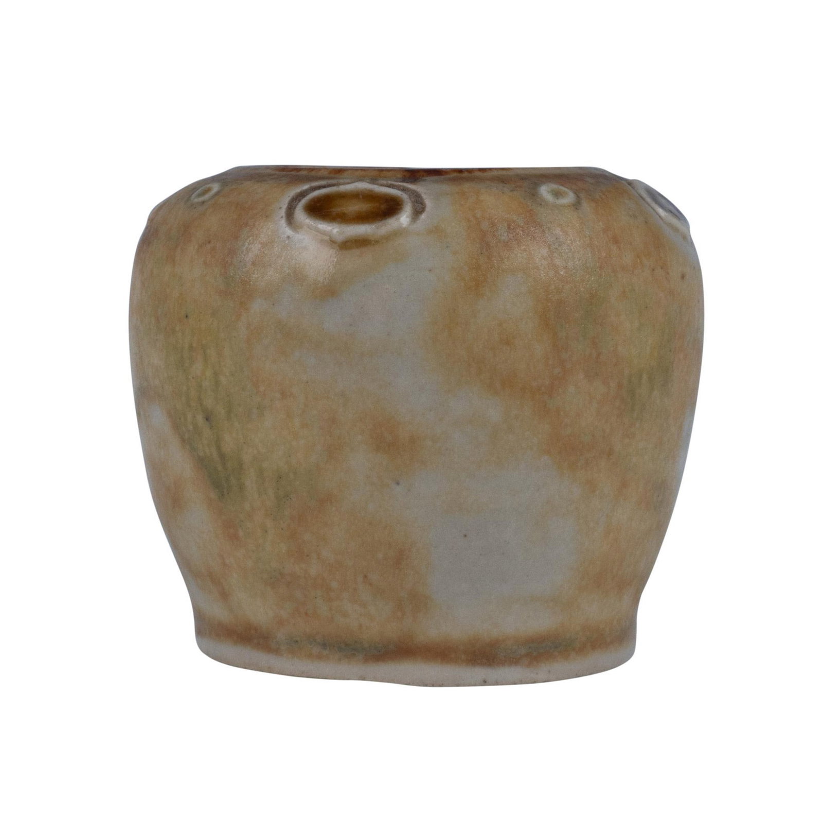 Royal Doulton Stoneware Miniature Vase 8633: A small brown vase with a rounded body that showcases four artistic accents around its rim. Royal Doulton backstamp. Marked 8633. Dimensions: 1.75"H x 2" dia. Manufacturer: Royal Doulton Country of Or