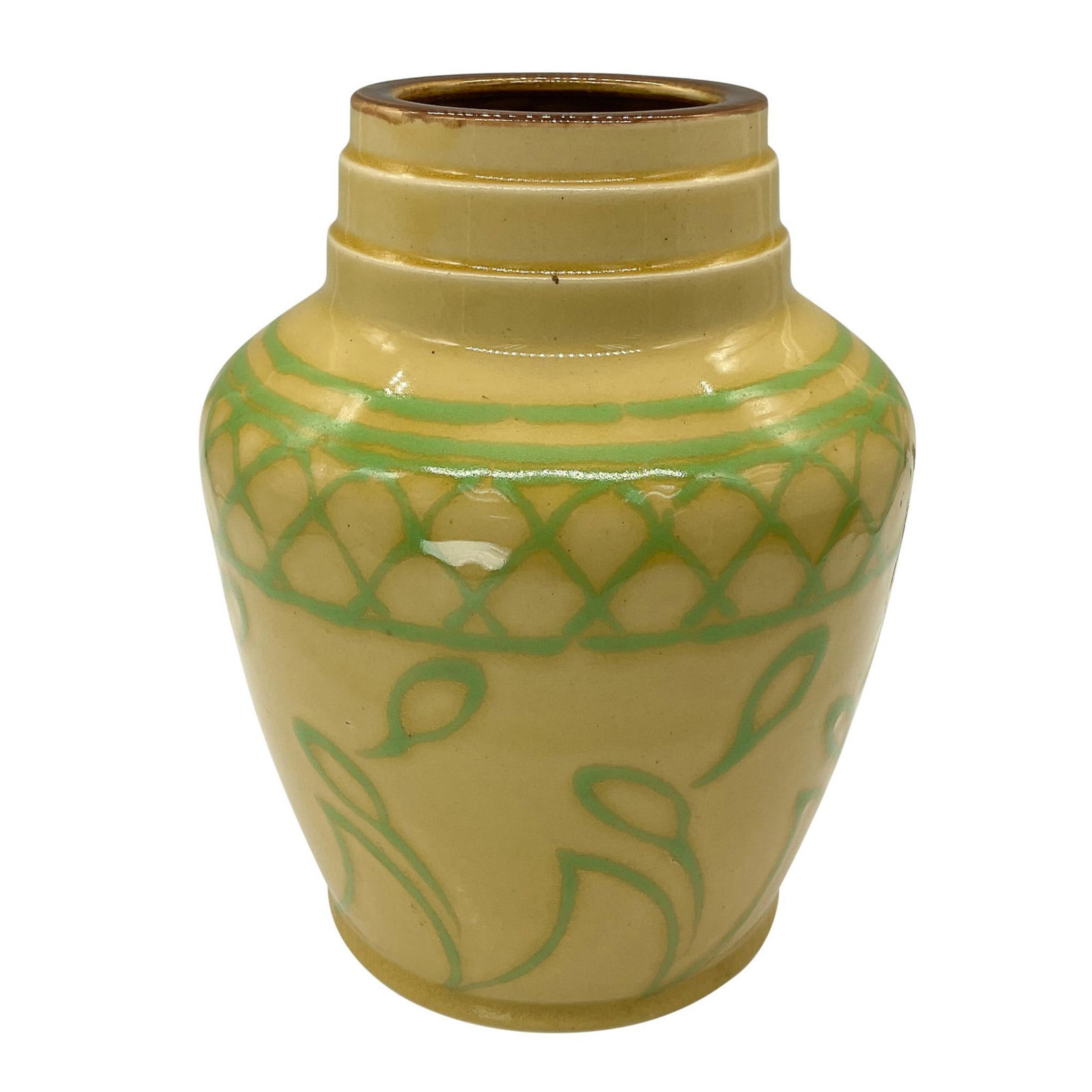 Royal Doulton Stoneware Vase X8864: Bulbous form; yellow glazed body with green stylized design. Impressed X8864, 5073 on underside. Royal Doulton impressed backstamp. Issued: 20th century Dimensions: 7"H x 5.5"Dia. Manufacturer: Royal 