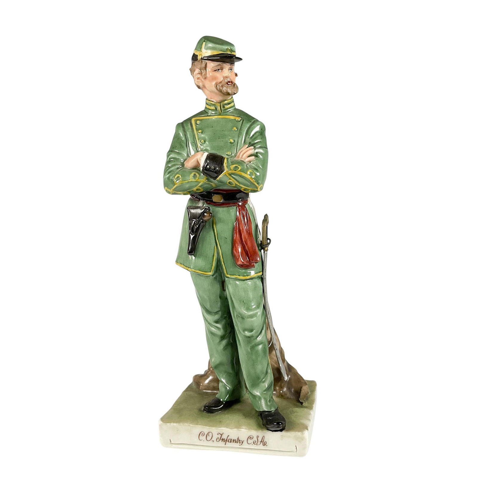 Capodimonte Porcelain Figurine, Infantry CSA: Porcelain soldier figure with a long knife in a serene green color, featuring Infantry CSA in the front of the base, typically refers to soldiers from the Confederate States Army during the American C
