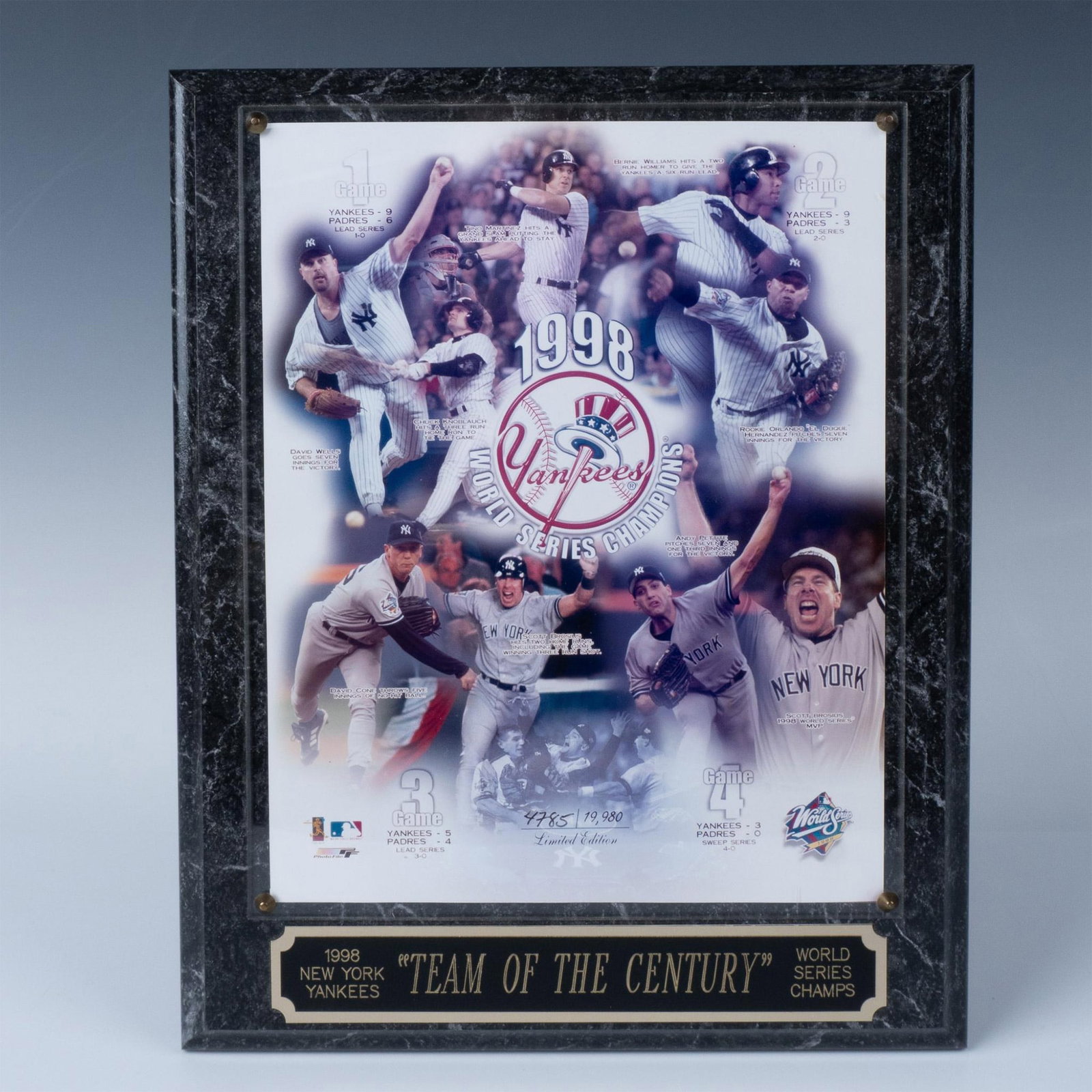 1998 NY Yankees Photo Plaque, Team of the Century: This photo plaque features a montage of highlights of the 4 games of the 1998 World Series with descriptions. Additionally included is a description plaque at the bottom. Issued: 1998 Dimensions: 10.5