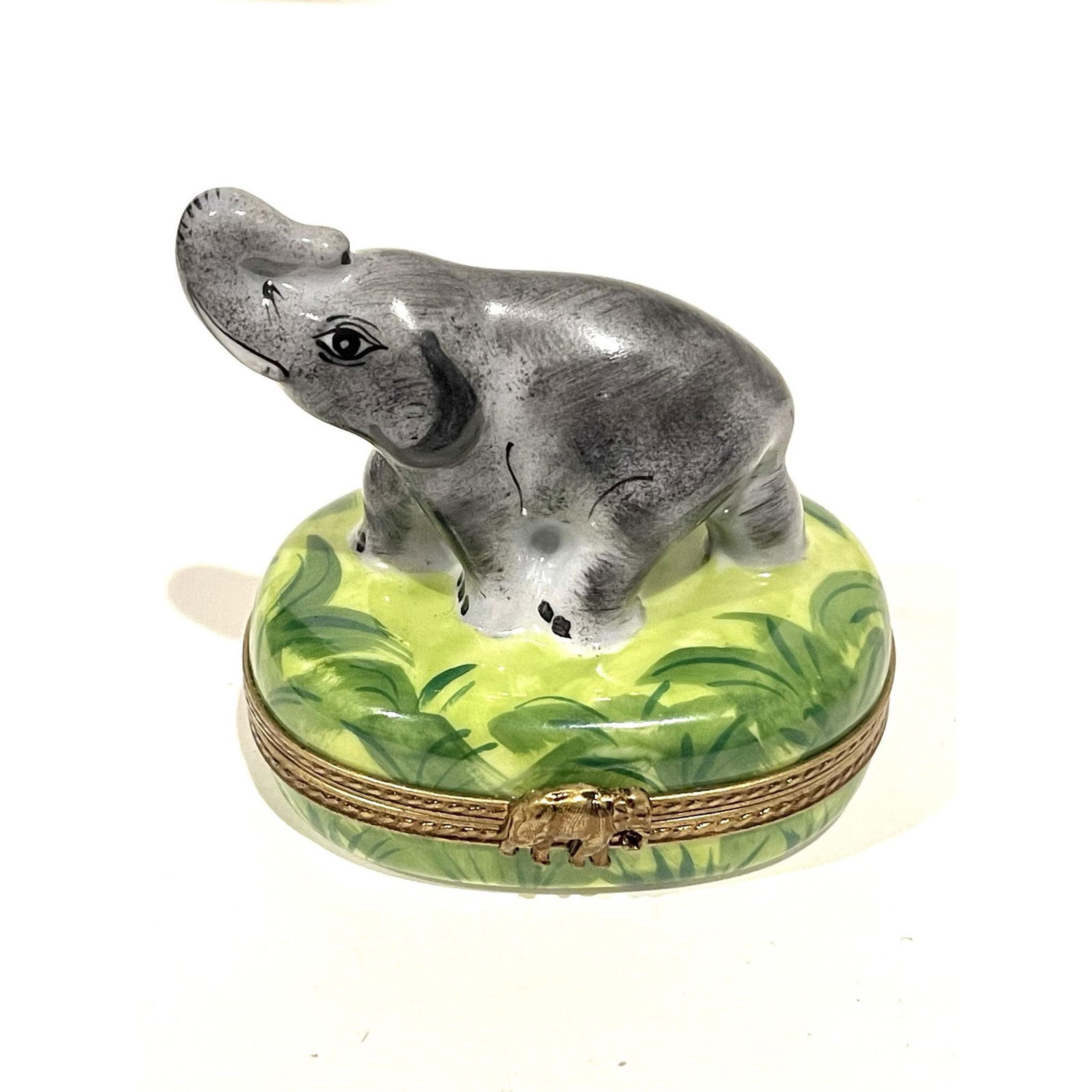 Limoges France Keepsake Box, Trunk Up Gray Elephant (1 of 4)