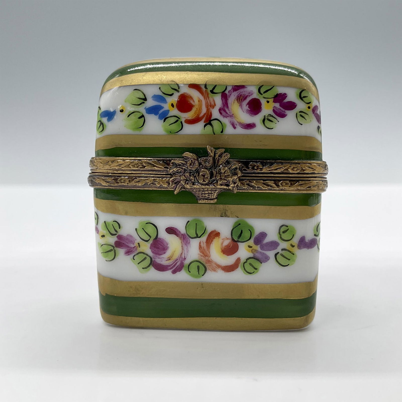 Limoges Porcelain Treasure Box, Floral Green Chest (1 of 4)