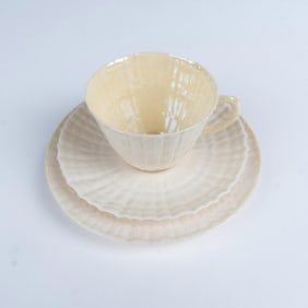 3pc Belleek Porcelain Teacup, Saucer, Plate, Limpet Yellow
