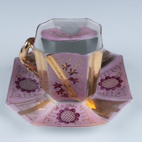 Pink Floral Gilded Mustache Cup and Saucer