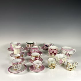 23pc Vintage Pink and Yellow Porcelain Cups and Saucers