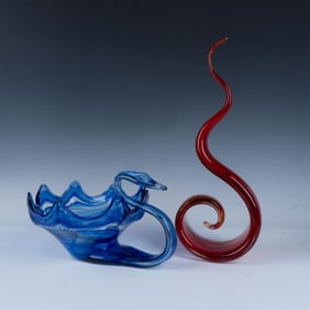 2pc Modernist Art Glass Sculptures, Dancing Red Flame & Swan