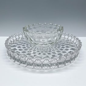 2pc Vintage Glass Appetizer Serving Plate & Dip Bowl