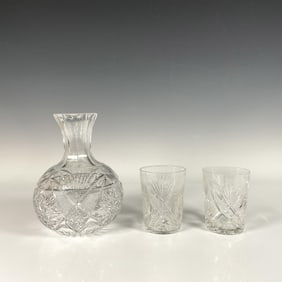 3pc Leaf Patterned Cut Glass Vase and Cups