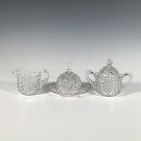 3pc Cut Glass Creamer, Sugar Bowl, and Butter Plate with Lid