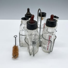 8pc Vintage Evenflo Glass Baby Bottles w Holder & Cleaner
