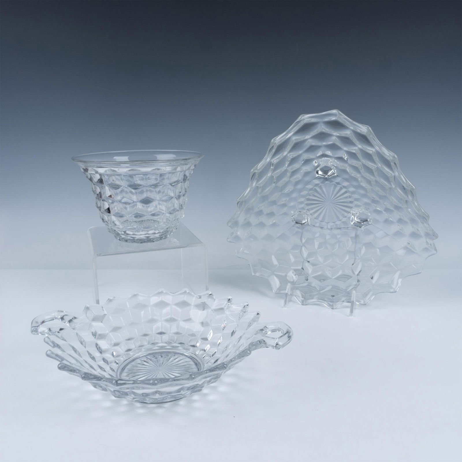 3pc Fostoria American Clear Tableware, Cube Pattern (1 of 6)