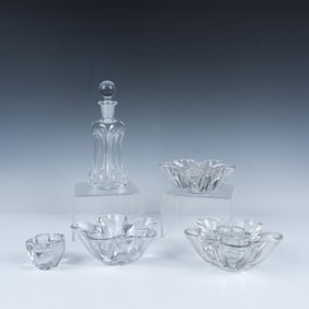 4pc Vintage Clear Glass Candleholders & Bottle