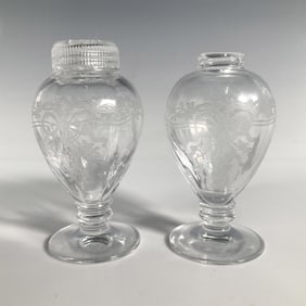 2pc Vintage Fostoria Glass Salt + Pepper Shakers, Versailles