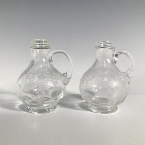 2pc Vintage Cambridge Glass Salt + Pepper Shakers, Chantilly