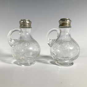 2pc Vintage Cambridge Glass Salt + Pepper Shakers, Chantilly