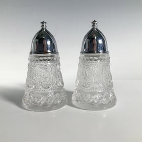 2pc Vintage Duncan & Miller Glass Salt + Pepper Shakers