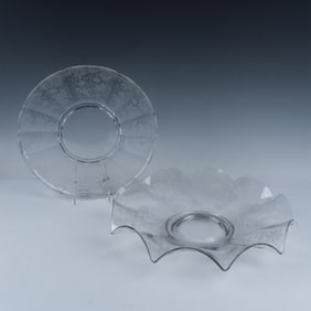 2pc Vintage Etched Glass Platters