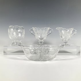 4pc Vintage Heisey Glass Serving Dishes and Vase, Rose