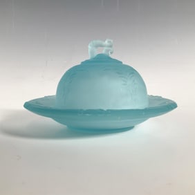 Vintage Blue Frosted Glass Lidded Butter Dish