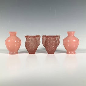 4pc Pink Motif Art Glass Miniature Vases, Creamer, Sugar Jar