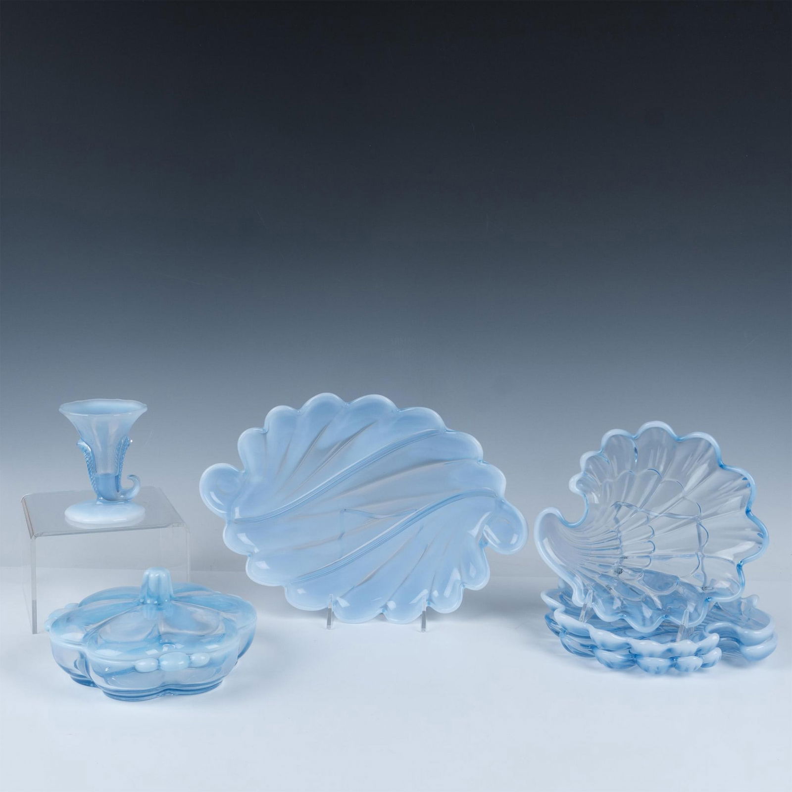 6pc Duncan & Miller Blue Opalescent Tableware (1 of 8)