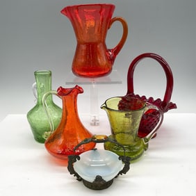 6pc Crackle Glass Pitchers and Fenton Glass Basket