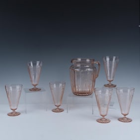7pc Anchor Hocking Mayfair Rose Pitcher & Tea Glasses