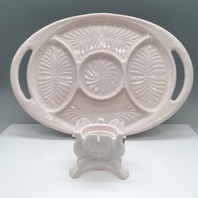 2pc Vintage Shell Pink Milk Glass Tray & Candle Holder