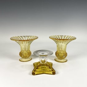 3pc Yellow Glass Candle Vases and Holder