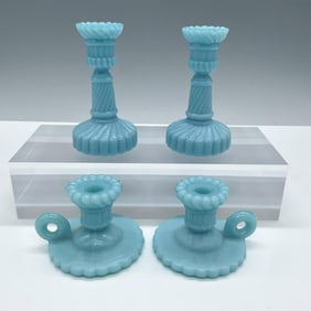 4pc Portieux Vallerysthal Blue Opaline Glass Candle Holders