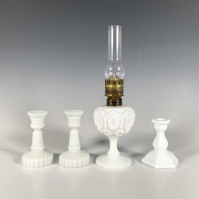 4pc Milk Glass Oil Lamp and Candlesticks