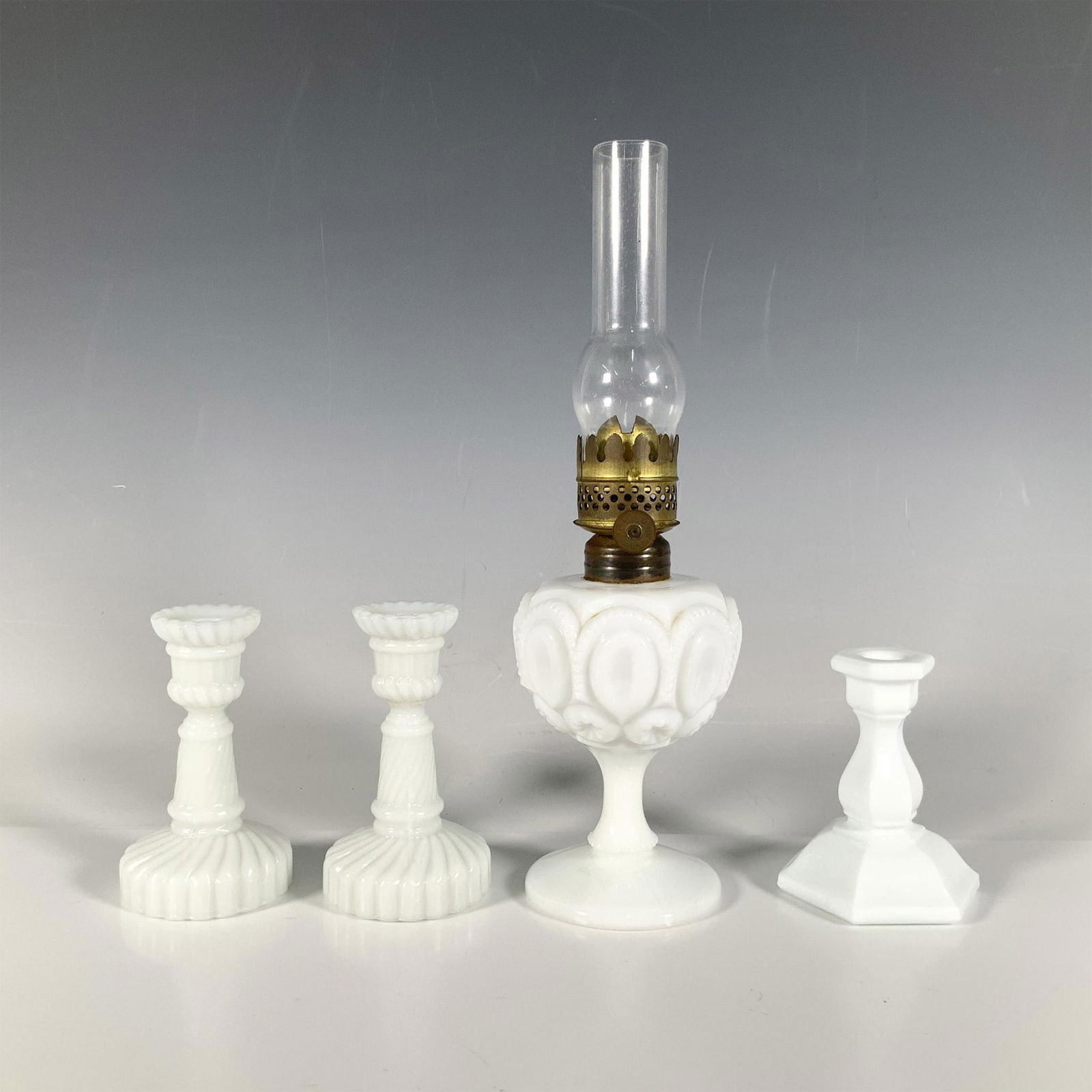 4pc Milk Glass Oil Lamp and Candlesticks (1 of 3)