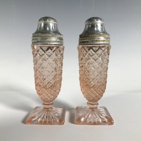2pc Vintage Pink Depression Glass Salt + Pepper Shakers