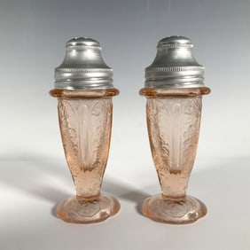 2pc Vintage Jeannette Pink Glass Salt + Pepper Shakers