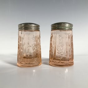 2pc Vintage Federal Glass Pink Salt + Pepper Shakers